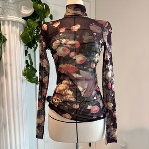 Vintage Fuzzi Floral Mesh Turtleneck Top - L